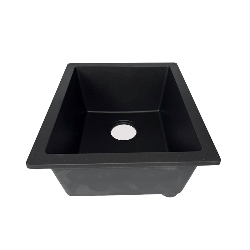 Nantucket Sinks PR1815-BL black dual-mount bar sink low angle showing the flat rim