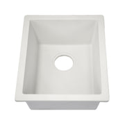 Nantucket Sinks PR1815-W white dual-mount bar sink front view showing the drain hole