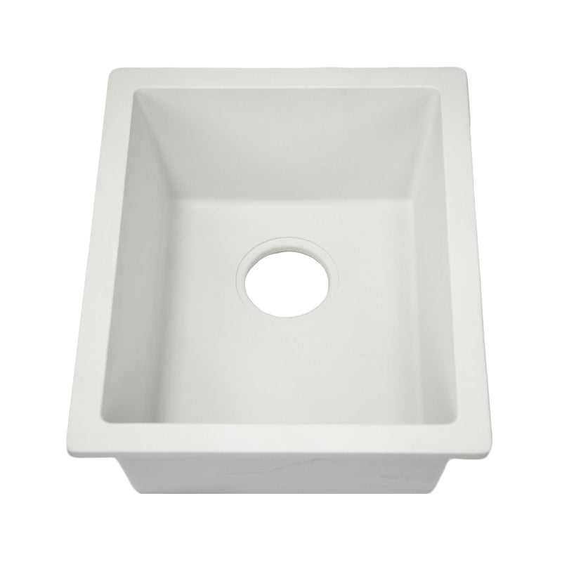 Nantucket Sinks PR1815-W white dual-mount bar sink front view showing the drain hole