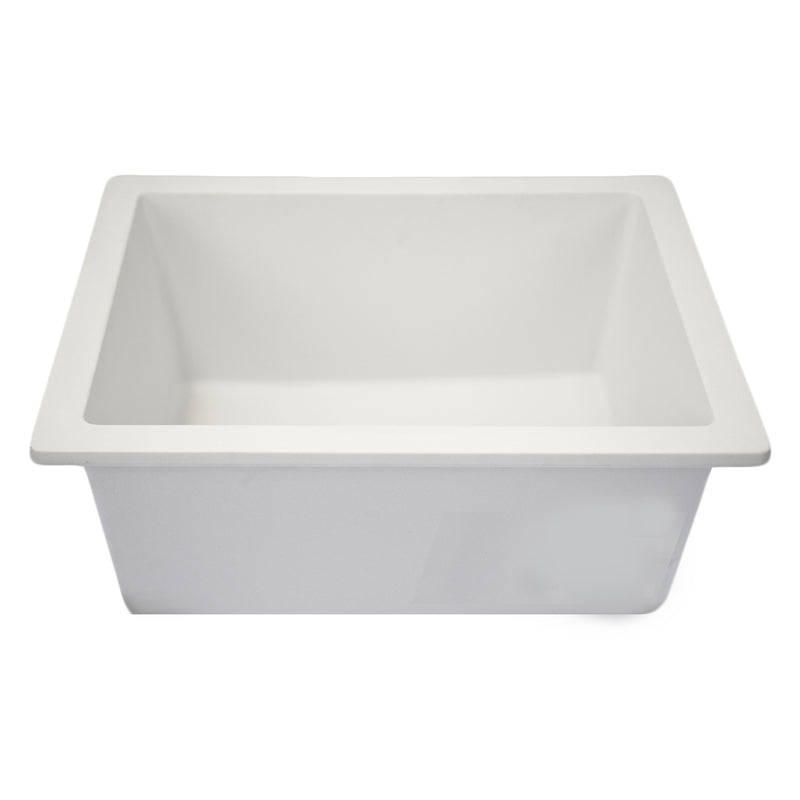 Nantucket Sinks PR1815-W white dual-mount bar sink at eye level showing the flat rim