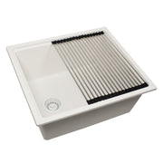 Nantucket Sinks PR2219PS-W white granite workstation sink with roll-up mat, three-quarter view, white background