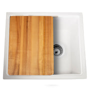 Nantucket Sinks PR2219PS-W white workstation sink from above with the cutting board on the ledge