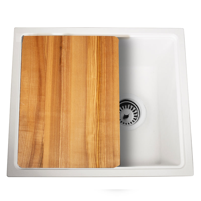 Nantucket Sinks PR2219PS-W white workstation sink from above with the cutting board on the ledge