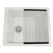 Nantucket Sinks PR2219PS-W white workstation sink from above with the roll-up mat and side drain