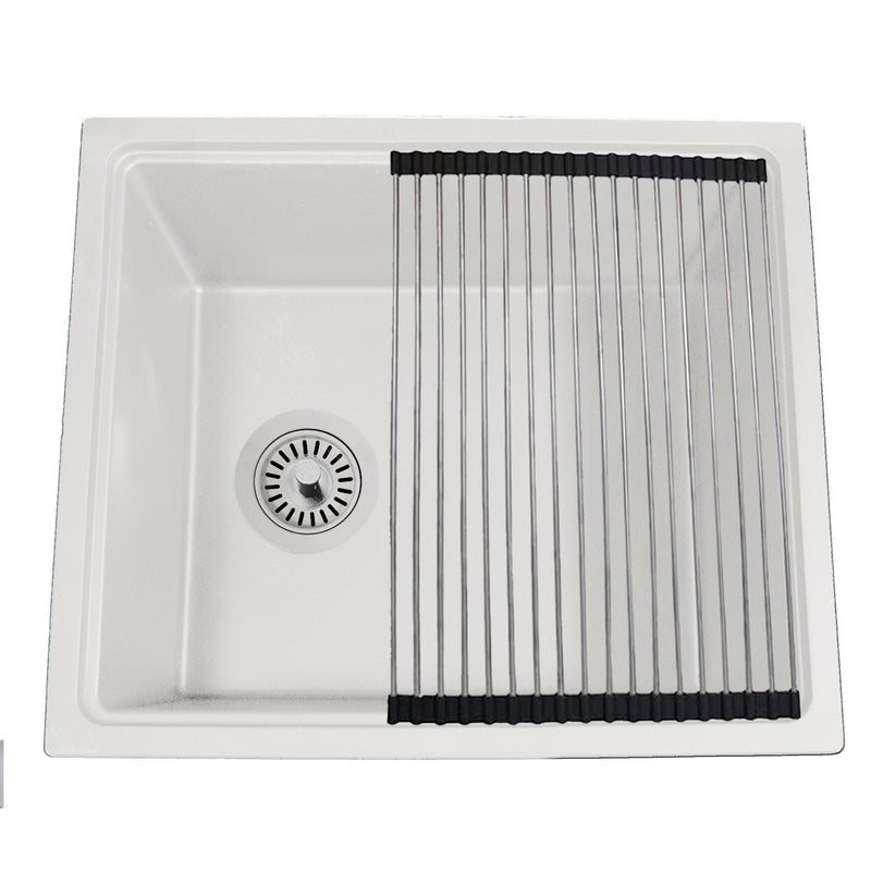 Nantucket Sinks PR2219PS-W white workstation sink from above with the roll-up mat and side drain