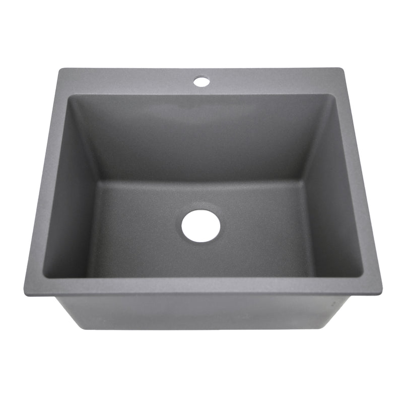 Nantucket Sinks PR2522-DM-TI titanium laundry sink front view showing the faucet hole and drain opening
