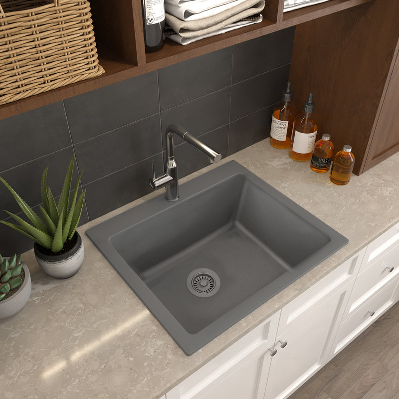 Nantucket Sinks PR2522-DM-TI titanium laundry sink drop-in mounted on a quartz counter
