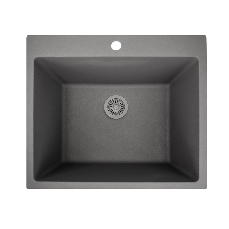Nantucket Sinks PR2522-DM-TI titanium laundry sink from above with basket strainer