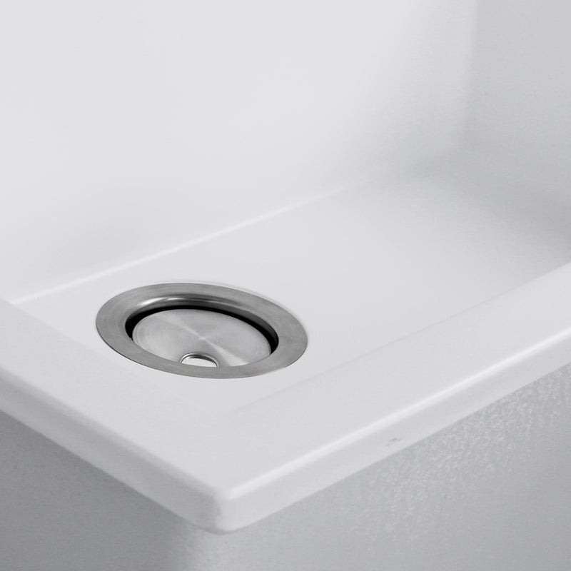 Nantucket Sinks PR2720-DM-W close-up of the stainless drain and white granite bowl floor