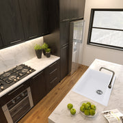Nantucket Sinks PR2720-DM-W white single-bowl sink drop-in mounted in a marble kitchen island