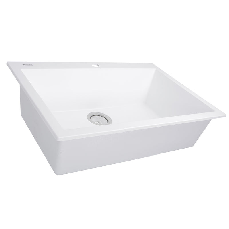 Nantucket Sinks PR2720-DM-W white granite single-bowl dual-mount kitchen sink, three-quarter view, white background