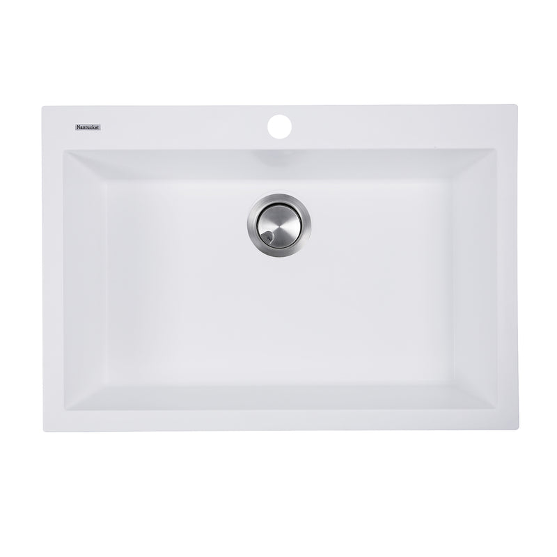 Nantucket Sinks PR2720-DM-W white dual-mount kitchen sink from above with faucet hole and rear drain