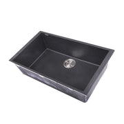 Nantucket Sinks PR3018-BL black granite single-bowl undermount kitchen sink, three-quarter view, white background