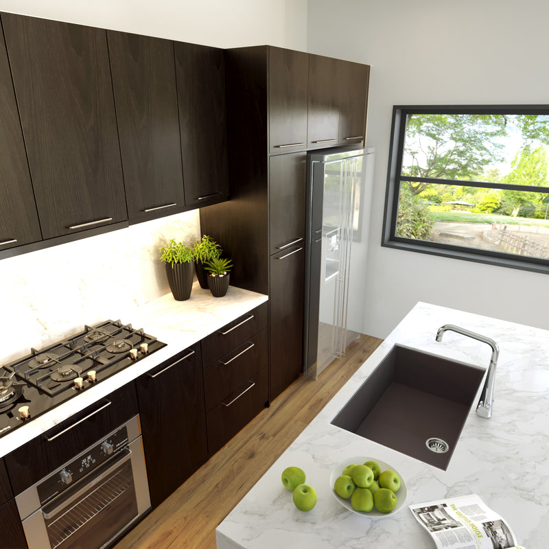 Nantucket Sinks PR3018-BR brown single-bowl sink undermounted in a marble kitchen island