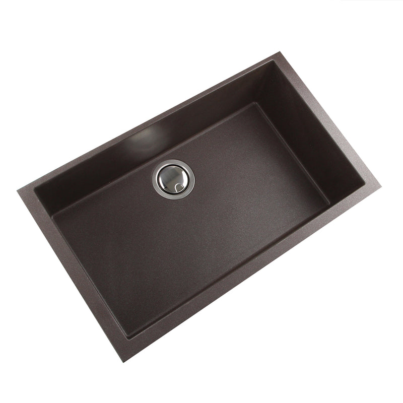Nantucket Sinks PR3018-BR brown granite single-bowl undermount kitchen sink, three-quarter view, white background