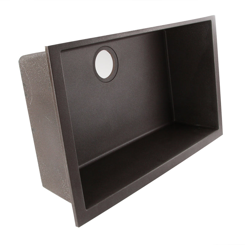 Nantucket Sinks PR3018-BR brown undermount sink tipped on edge showing the bowl wall and drain opening