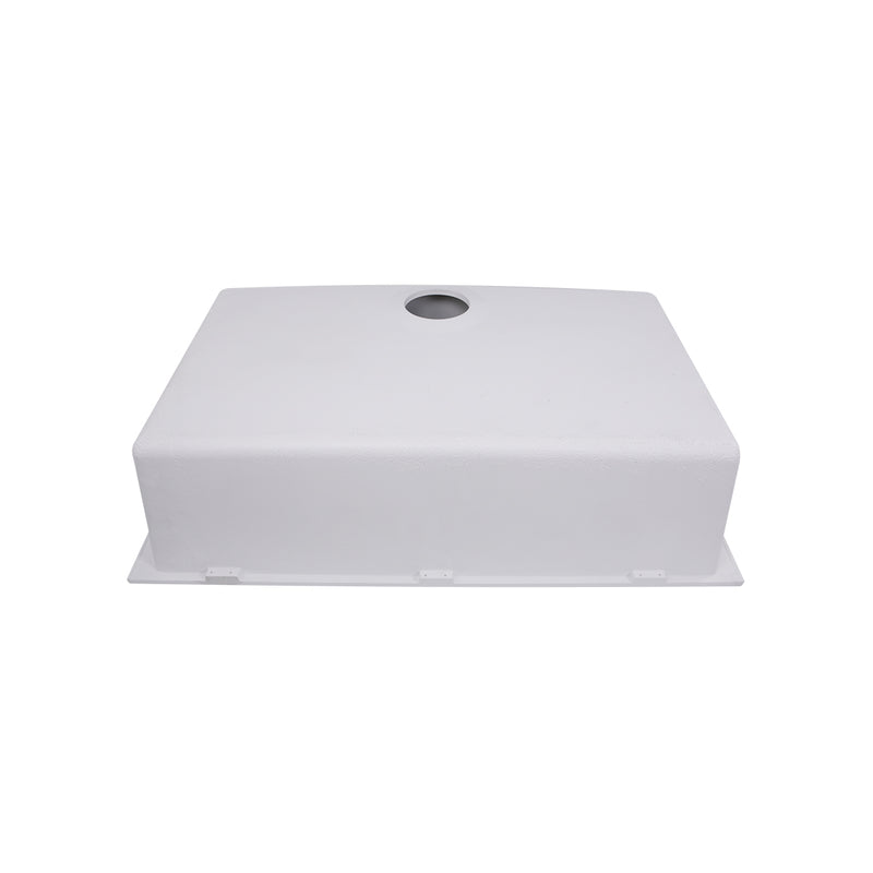 Nantucket Sinks PR3018-W underside of the white granite sink showing the drain opening