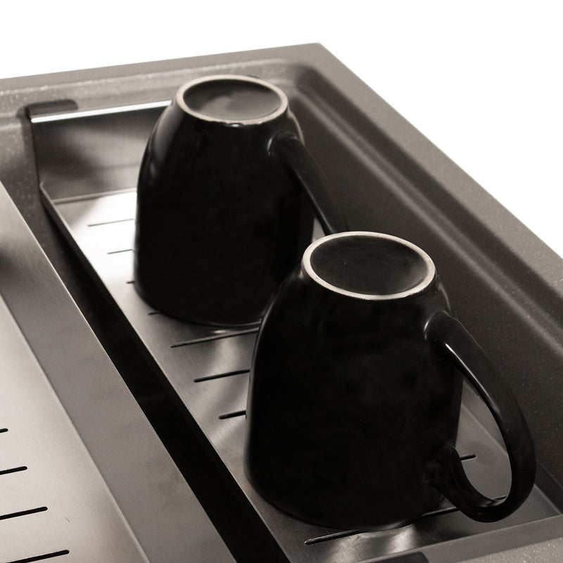 Nantucket Sinks PR3019PS-TI close-up of mugs drying in the stainless colander on the titanium sink