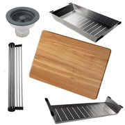 Nantucket Sinks PR3019PS-TI included cutting board, colander, rinse tray, roll-up mat and titanium basket strainer