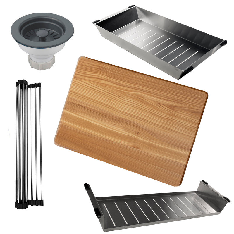 Nantucket Sinks PR3019PS-TI included cutting board, colander, rinse tray, roll-up mat and titanium basket strainer