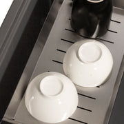 Nantucket Sinks PR3019PS-TI close-up of bowls drying in the stainless rinse tray on the titanium sink