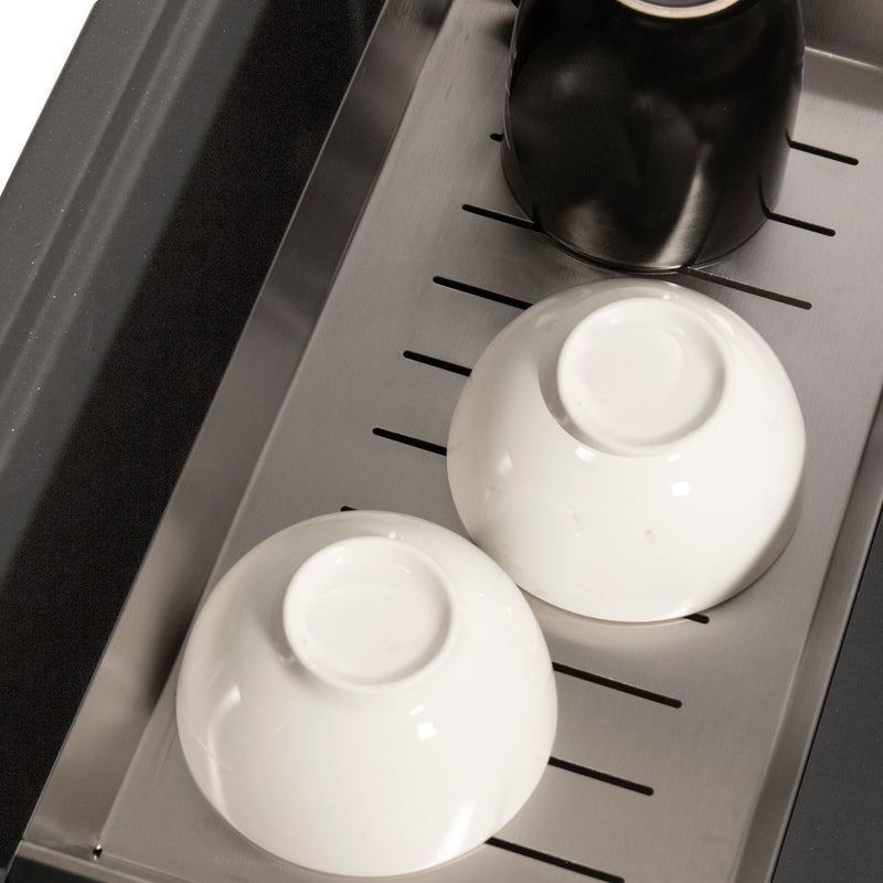 Nantucket Sinks PR3019PS-TI close-up of bowls drying in the stainless rinse tray on the titanium sink