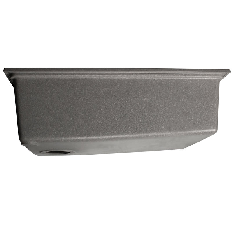Nantucket Sinks PR3019PS-TI side view of the titanium workstation sink showing the bowl depth and drain outlet