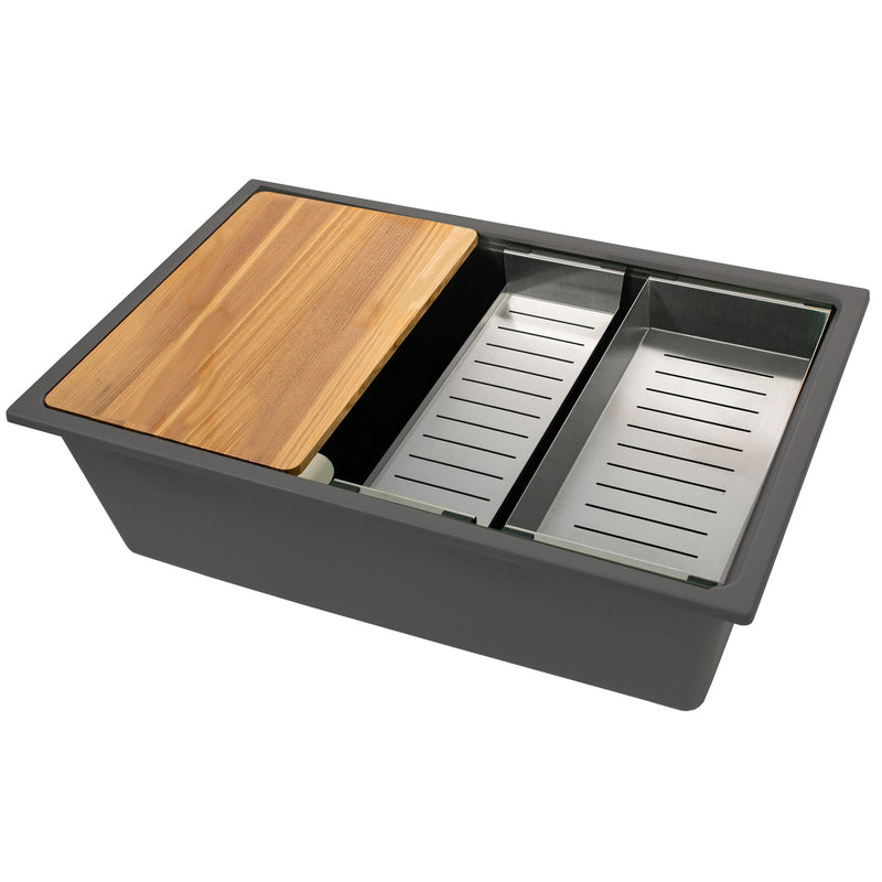 Nantucket Sinks PR3019PS-TI titanium granite 30" workstation sink with board and colanders, three-quarter view
