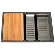 Nantucket Sinks PR3019PS-TI titanium workstation sink from above with cutting board, colander and rinse tray