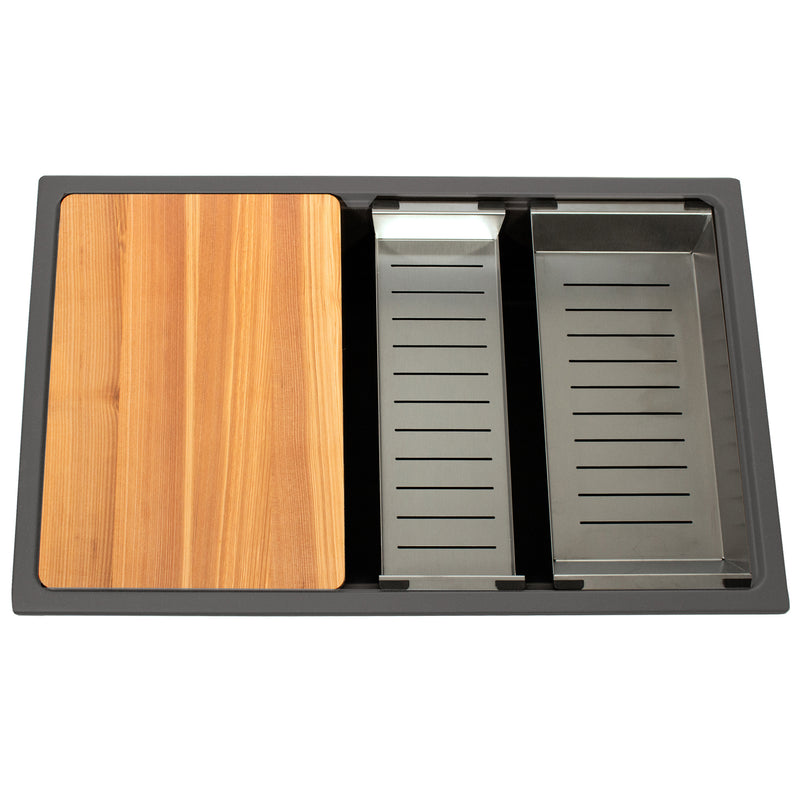 Nantucket Sinks PR3019PS-TI titanium workstation sink from above with cutting board, colander and rinse tray