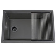 Nantucket Sinks PR3019PS-TI titanium workstation sink from above with roll-up mat and side drain
