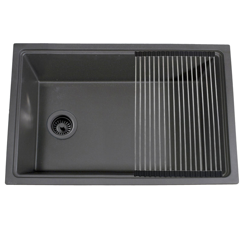 Nantucket Sinks PR3019PS-TI titanium workstation sink from above with roll-up mat and side drain