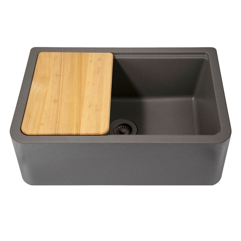 Nantucket Sinks PR3020-APS-TI titanium apron sink front view with the cutting board on the ledge