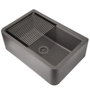 Nantucket Sinks PR3020-APS-TI titanium apron sink three-quarter view with the roll-up mat and basket strainer