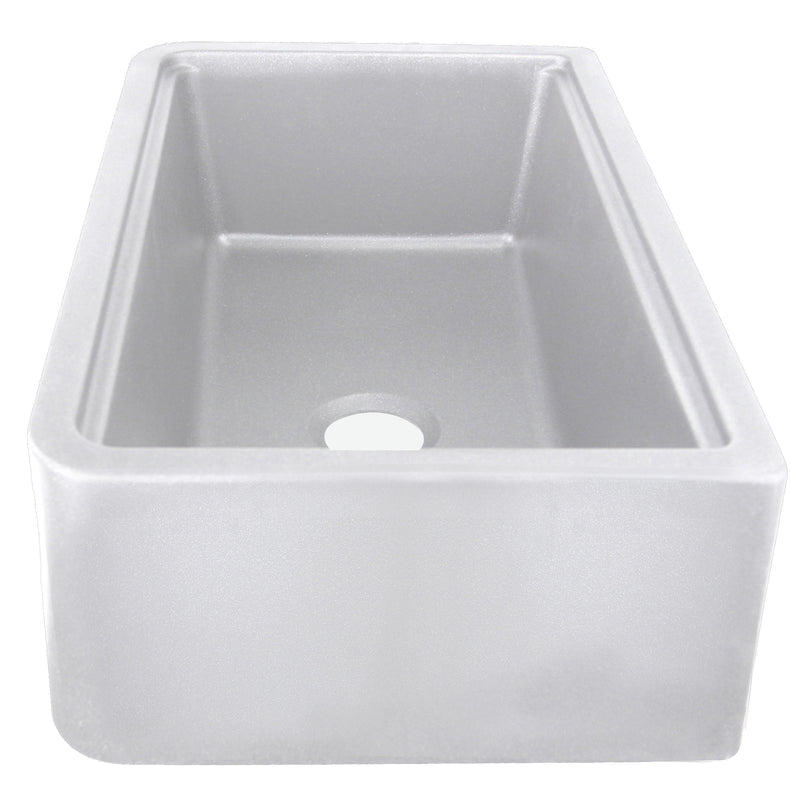 Nantucket Sinks PR3320-APS-G close three-quarter view of the empty light grey apron sink and its ledge