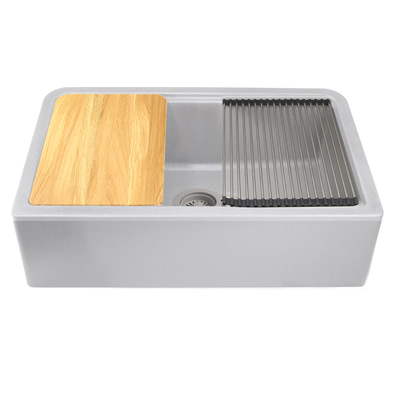 Nantucket Sinks PR3320-APS-G light grey apron sink front view with cutting board and roll-up mat on the ledge