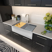 Nantucket Sinks PR3320-APS-G light grey apron workstation sink in a glossy black kitchen