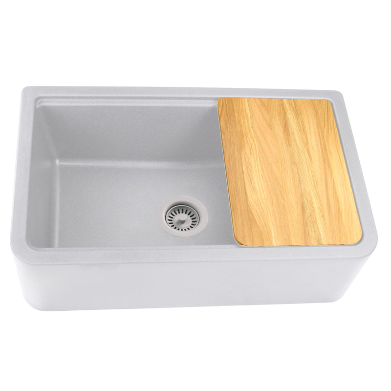 Nantucket Sinks PR3320-APS-G light grey granite 33" farmhouse apron workstation sink with cutting board, white background