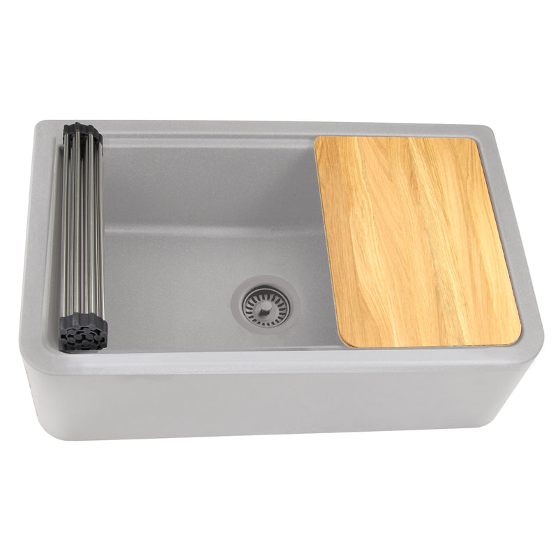 Nantucket Sinks PR3320-APS-G light grey apron sink three-quarter view with cutting board and folded roll-up mat