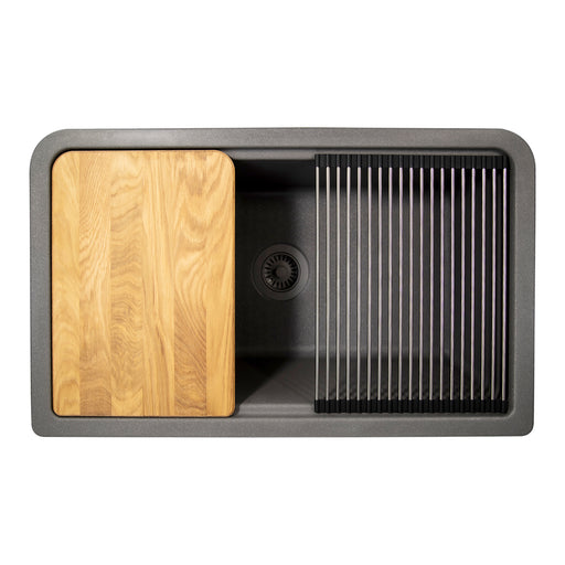 Nantucket Sinks PR3320-APS-TI titanium apron sink from above with cutting board and roll-up mat on the ledge