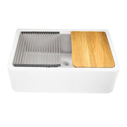 Nantucket Sinks PR3320-APS-W white apron sink front view with cutting board and roll-up mat on the ledge