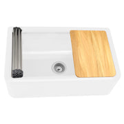 Nantucket Sinks PR3320-APS-W white granite 33" farmhouse apron workstation sink with board and mat, white background