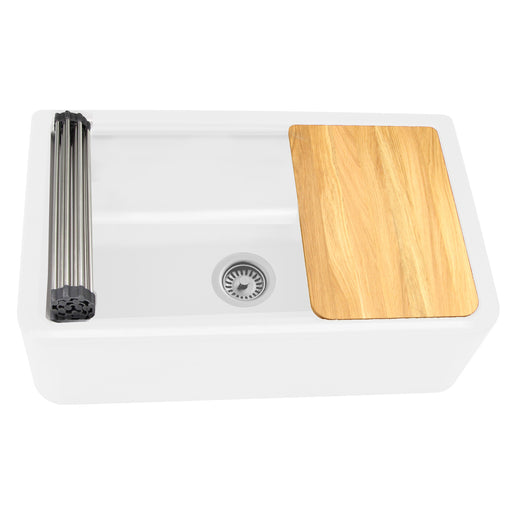 Nantucket Sinks PR3320-APS-W white granite 33" farmhouse apron workstation sink with board and mat, white background
