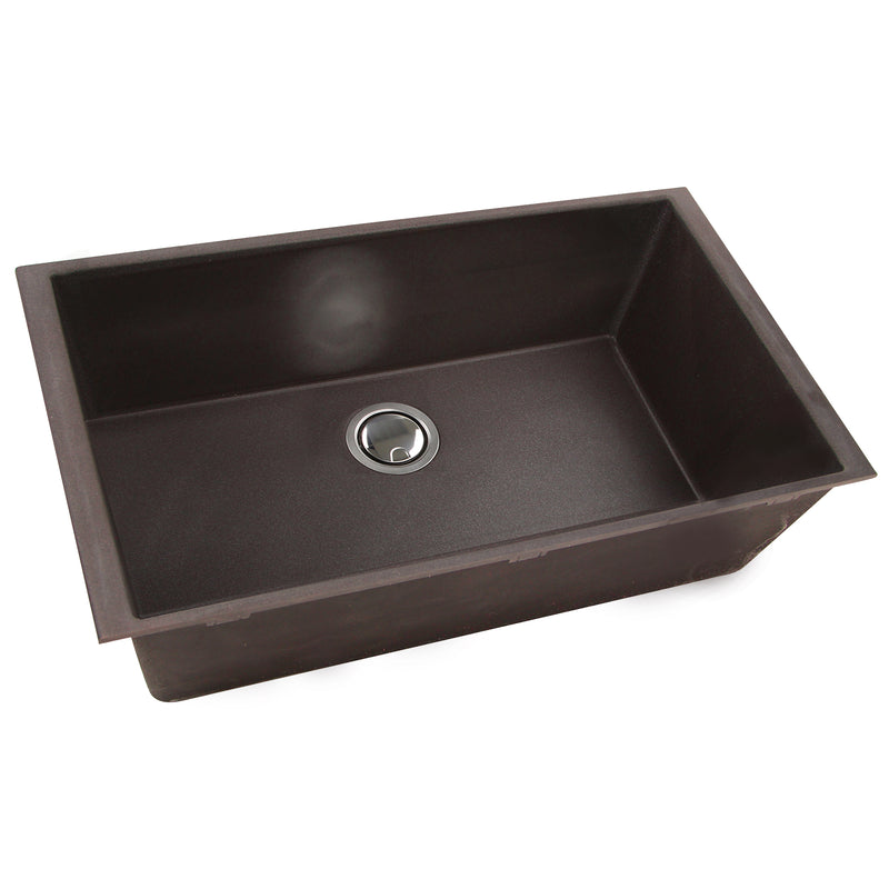 Nantucket Sinks PR3320-BR-UM brown granite 33" single-bowl undermount kitchen sink, three-quarter view, white background