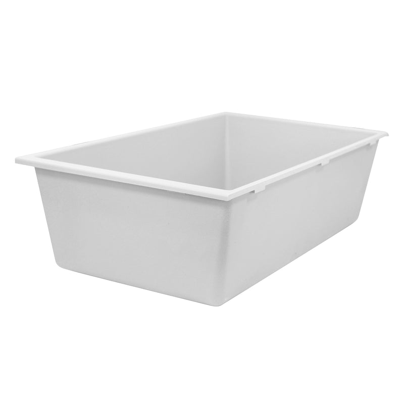 Nantucket Sinks PR3320-W-UM white undermount sink from a low angle showing the outer walls