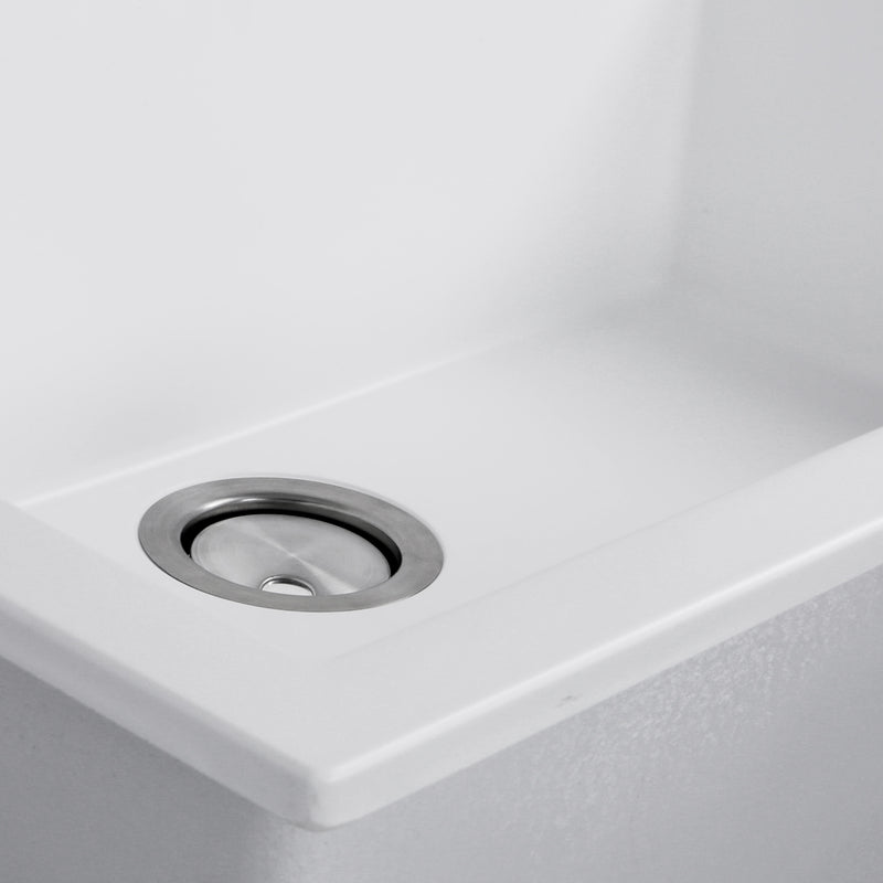 Nantucket Sinks PR3322-DM-W close-up of the stainless drain and white granite bowl floor