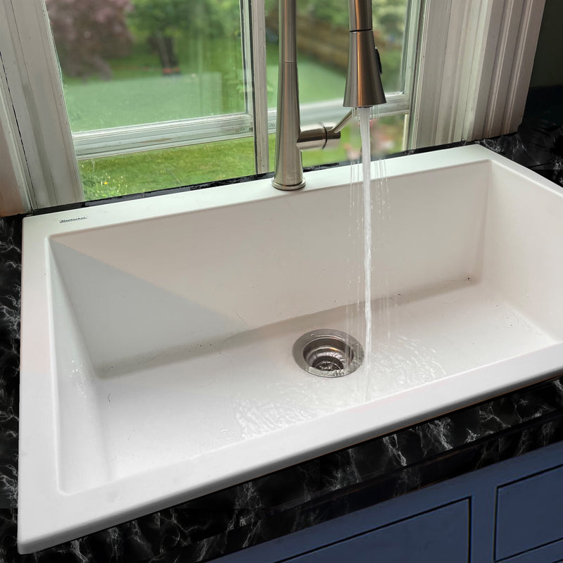 Nantucket Sinks PR3322-DM-W white single-bowl sink drop-in mounted under a running pull-down faucet