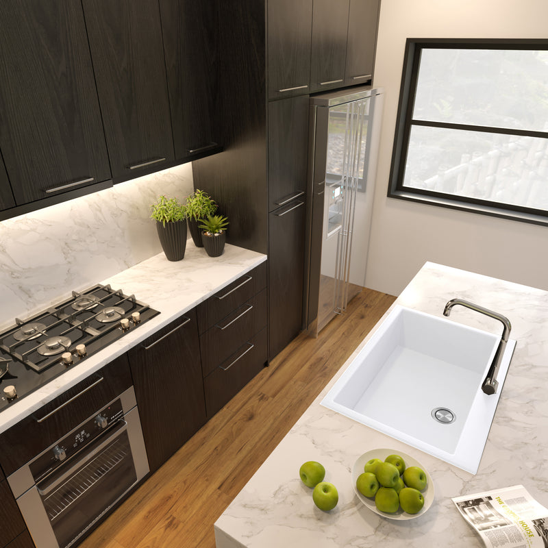 Nantucket Sinks PR3322-DM-W white single-bowl sink drop-in mounted in a marble kitchen island