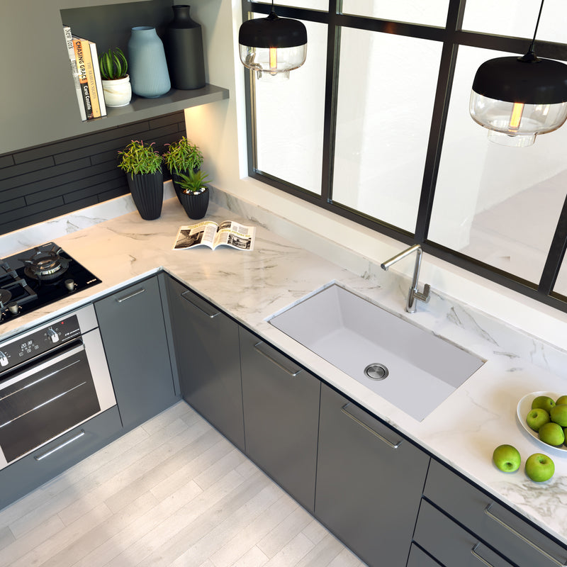 Nantucket Sinks PR3322-DM-W white single-bowl sink undermounted in a white marble corner counter