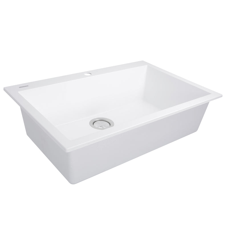 Nantucket Sinks PR3322-DM-W white granite 33" single-bowl dual-mount kitchen sink, three-quarter view, white background